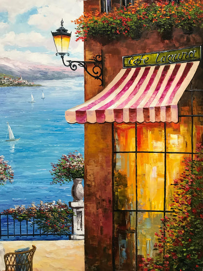 Italy Cafe Painting Original, Amalfi Coast Wall Art, Mediterranean Scenery Oil painting, Sorrento Italy Artwork