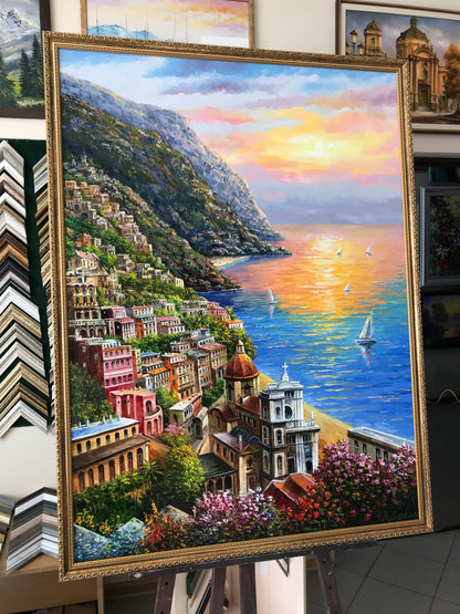 Positano Amalfi Coast Oil Painting Original, Famous Painting Italy Wall Art, Most Beautiful Coastal Italian Towns Painting