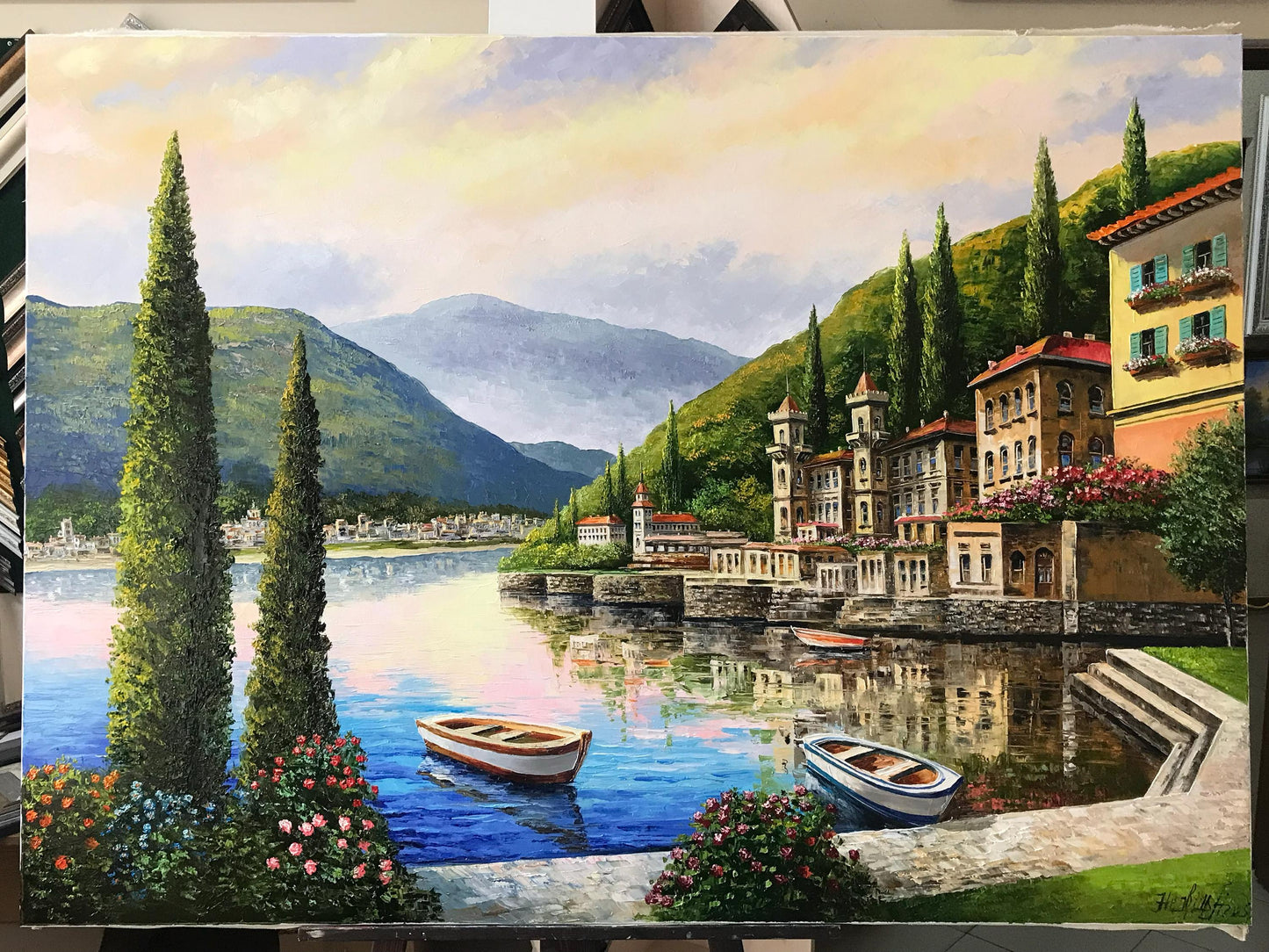 Lake Como Italy Oil Painting Original Famous Bellagio Italy Painting Varenna Wall Art Lago Di Como Italy Paintings