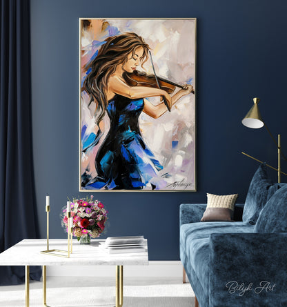 May include: A painting of a woman in a blue dress playing a violin. The background is a light blue and white abstract design.