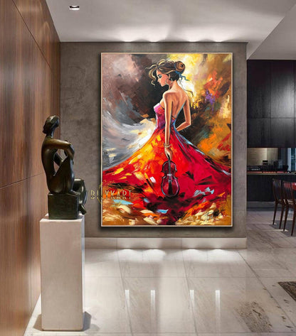 May include: Abstract painting of a woman in a red dress holding a violin. The painting is done in a colorful style with bold strokes and a bright background.