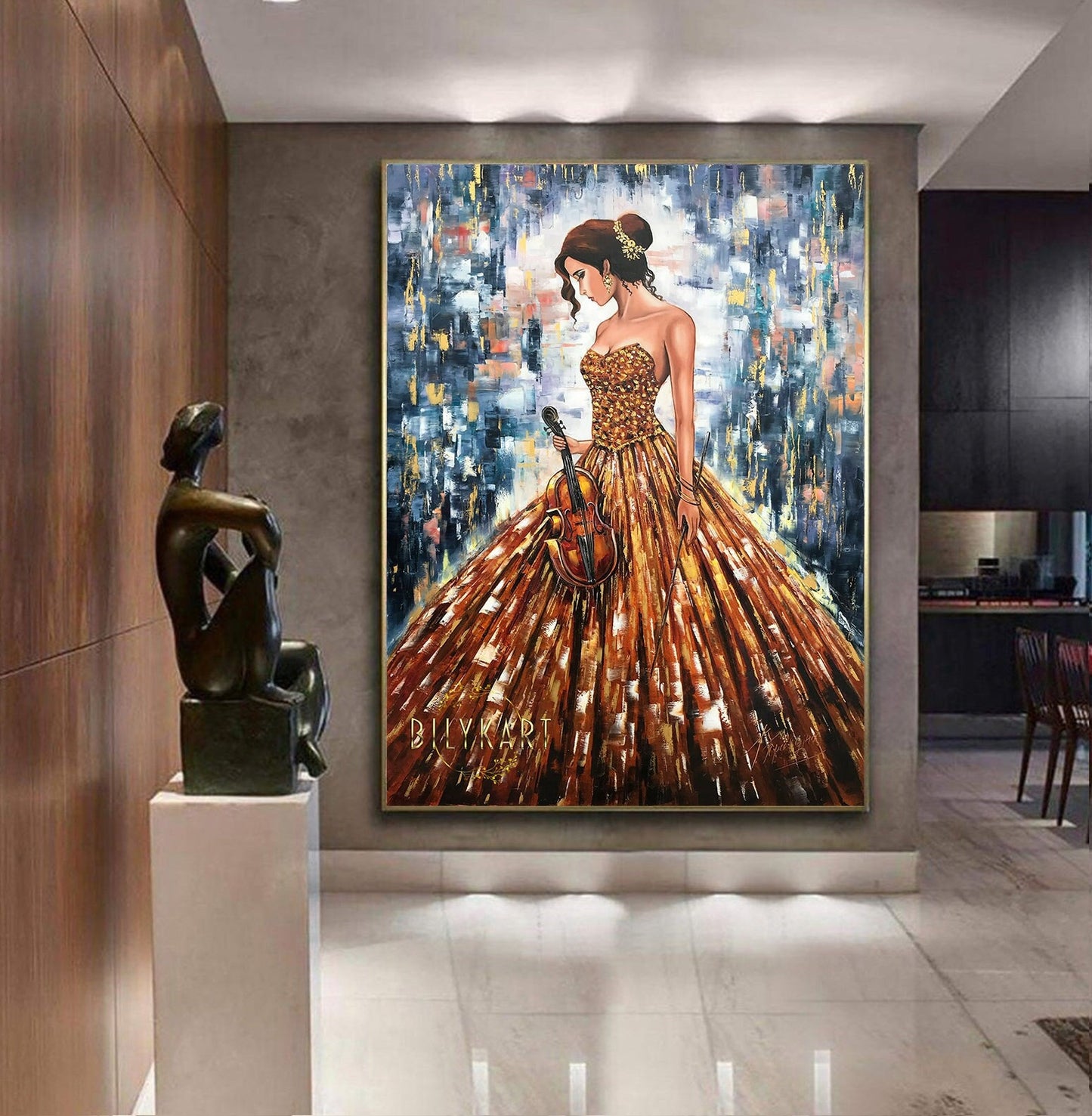 May include: A painting of a woman in a gold dress holding a violin. The background is a colorful abstract design with shades of blue, gold, and white. The painting is signed 'Dilykart' in the bottom left corner.