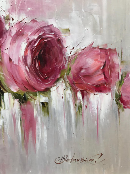 Large Pink Roses Oil Painting Original Hand Painted Rose Flower Canvas Wall Art | Oversized Abstract Romantic Rose Painting 64x48