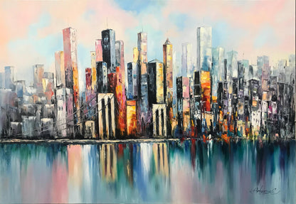 New York City Skyline Abstract Painting Large NYC Framed Wall Art | Manhattan Bridge Urban Landscapes Artwork | City Scapes Art