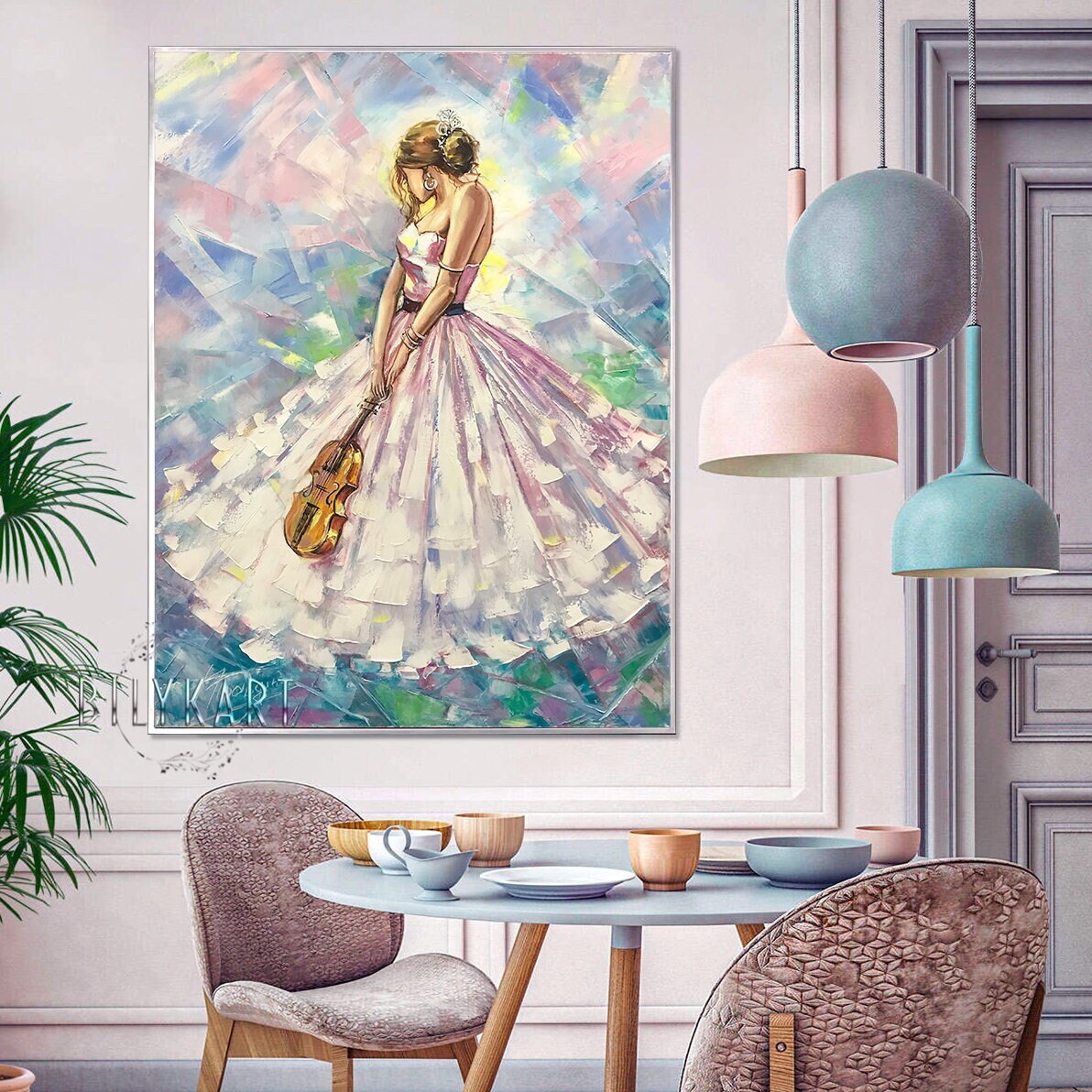May include: A painting of a woman in a white dress holding a violin. The background is a colorful abstract design.