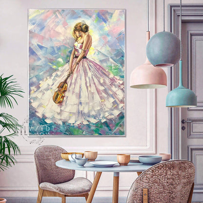May include: A painting of a woman in a white dress holding a violin. The background is a colorful abstract design.