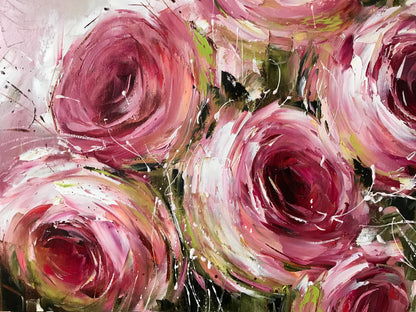 Large Pink Roses Oil Painting Original Hand Painted Rose Flower Canvas Wall Art | Oversized Abstract Romantic Rose Painting 64x48