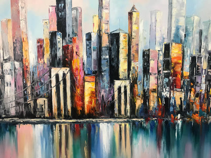 New York City Skyline Abstract Painting Large NYC Framed Wall Art | Manhattan Bridge Urban Landscapes Artwork | City Scapes Art
