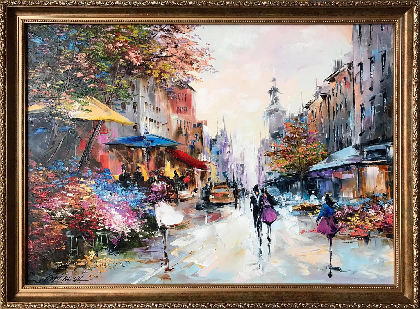 Romantic Oil Painting Original Paris Flower Market Art Couple Walking Together Painting on Canvas French Cafe Artwork