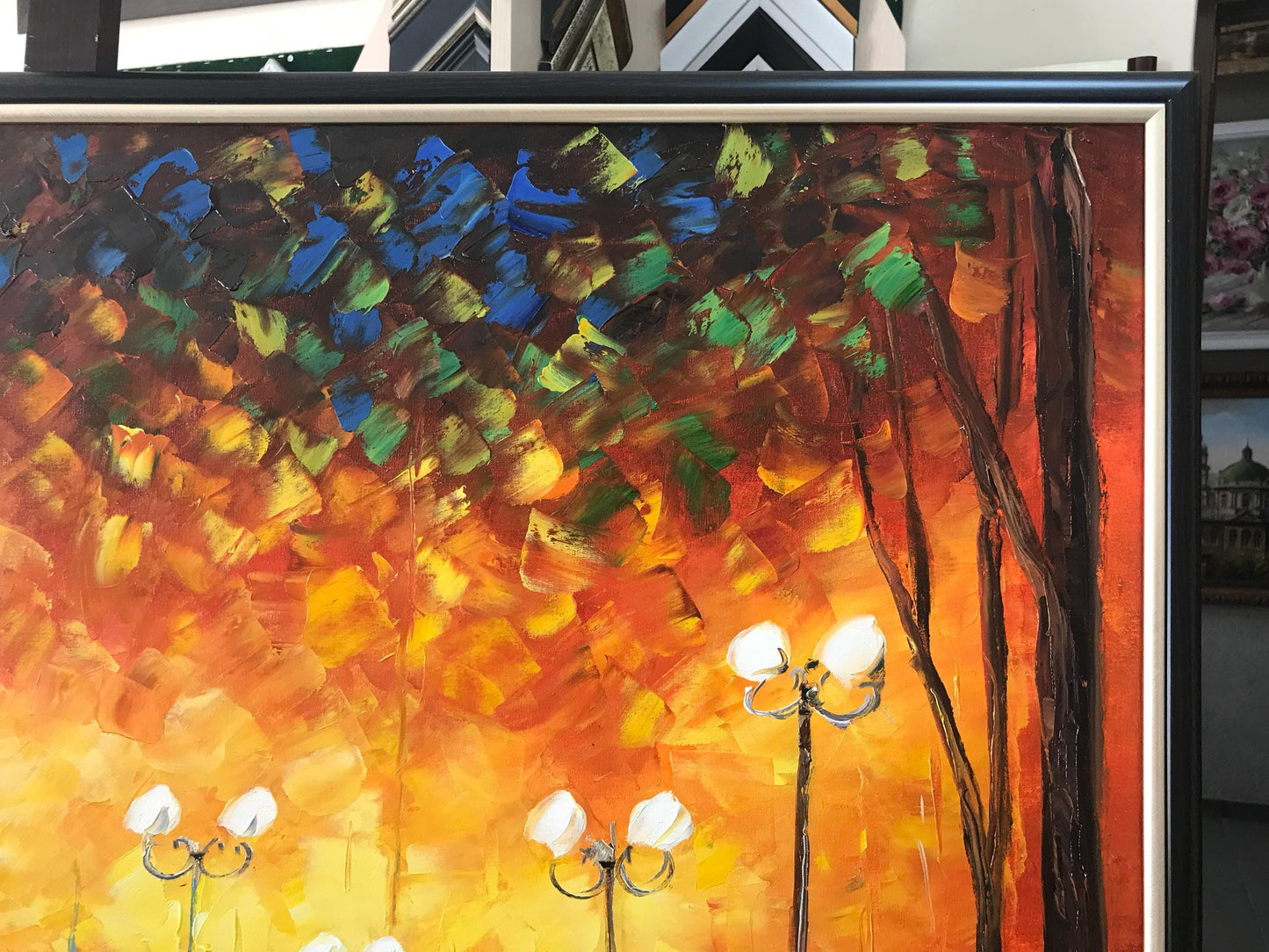 Couple in Park Oil Painting Original Autumn Landscape Painting Fall Wall Art Couple Under Red Umbrella Artwork Beautiful Rainy Day Scene Painting
