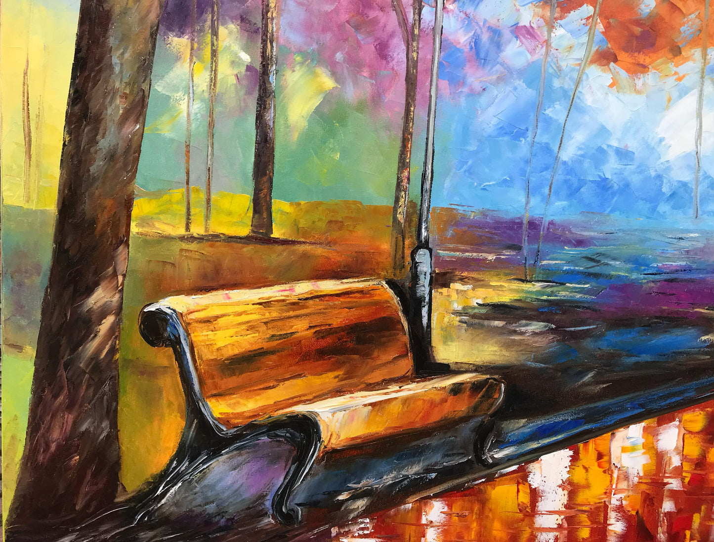Couple in Park Oil Painting Original Autumn Landscape Painting Fall Wall Art Couple Under Red Umbrella Artwork Beautiful Rainy Day Scene Painting