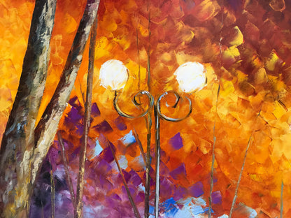 Couple in Park Oil Painting Original Autumn Landscape Painting Fall Wall Art Couple Under Red Umbrella Artwork Beautiful Rainy Day Scene Painting