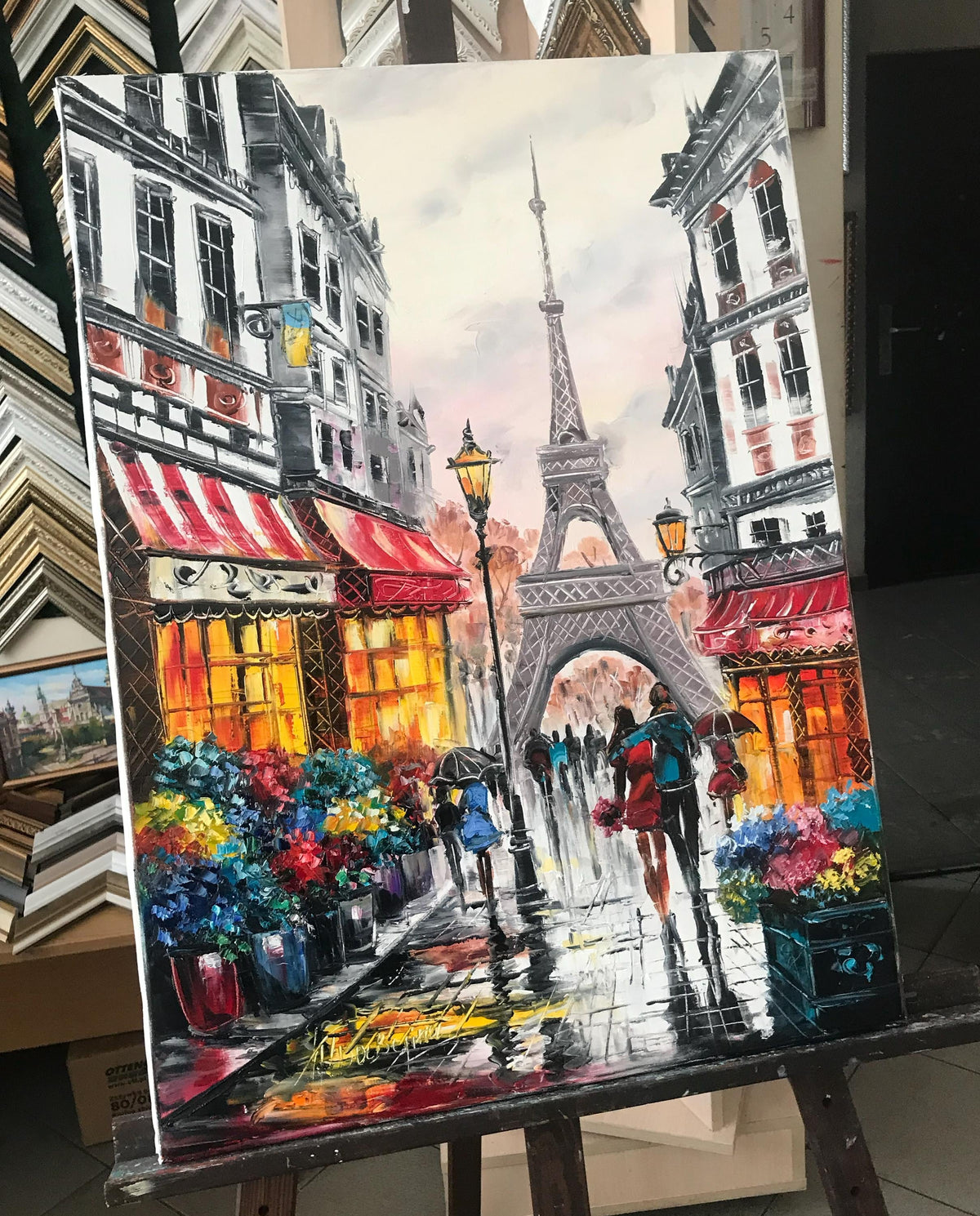 Rainy Paris Street Oil Painting Original | Large Parisian Artwork | Custom Romantic Couple Walking in the Rain Painting | Love City Art on Canvas