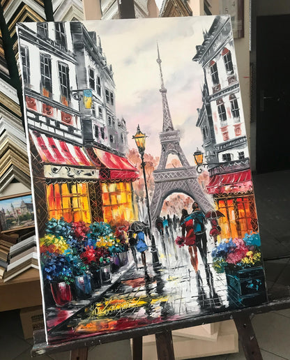 Rainy Paris Street Oil Painting Original | Large Parisian Artwork | Custom Romantic Couple Walking in the Rain Painting | Love City Art on Canvas