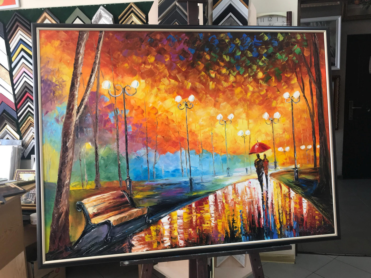 Couple in Park Oil Painting Original Autumn Landscape Painting Fall Wall Art Couple Under Red Umbrella Artwork Beautiful Rainy Day Scene Painting