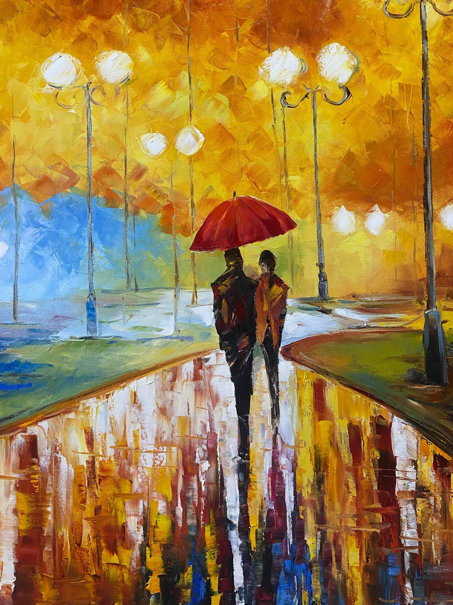 Couple in Park Oil Painting Original Autumn Landscape Painting Fall Wall Art Couple Under Red Umbrella Artwork Beautiful Rainy Day Scene Painting