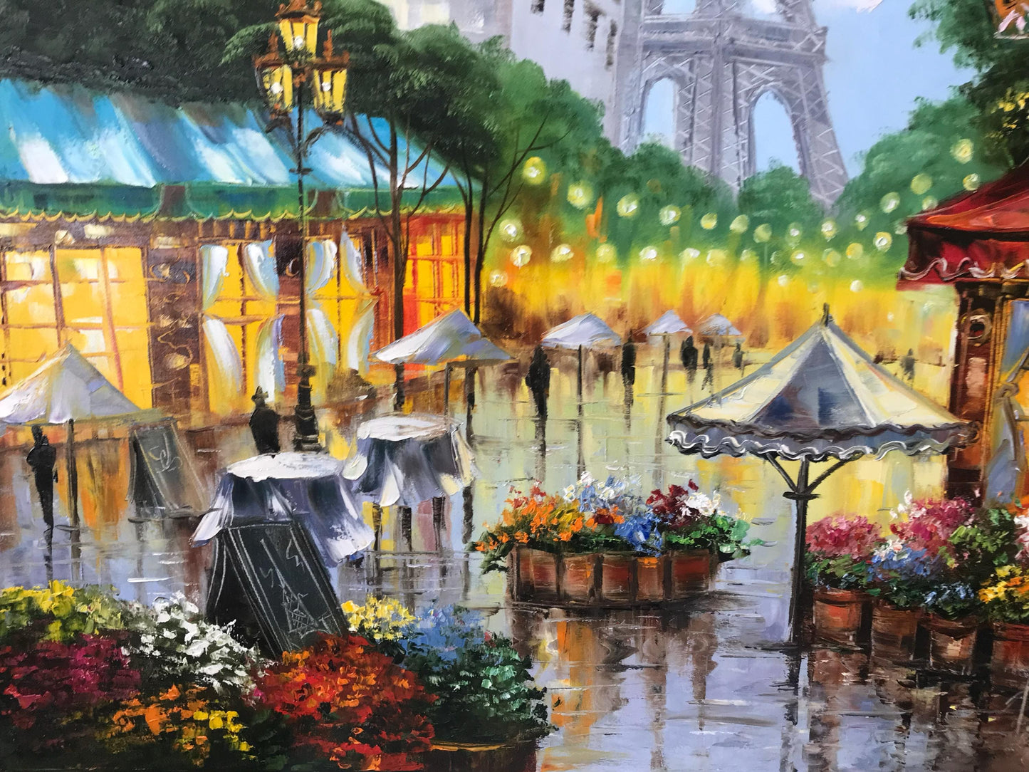 Romantic Paris Street Scene Oil Painting | Large Eiffel Tower Artwork, French Flower Market Painting on Canvas