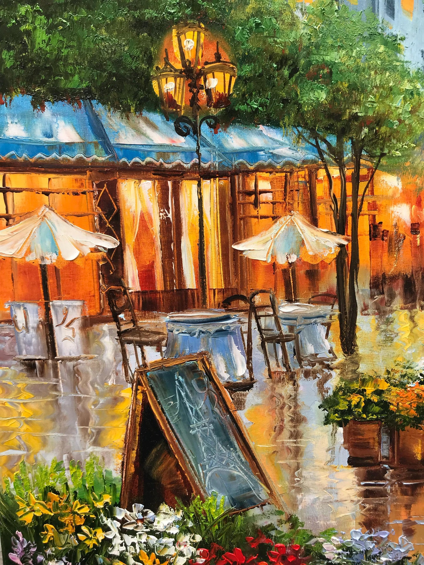 Romantic Paris Street Scene Oil Painting | Large Eiffel Tower Artwork, French Flower Market Painting on Canvas