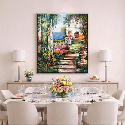 Romantic Garden Oil Painting Original Hand-Painted Artwork of Tuscany Mediterranean Garden Wall Art, Italian Villa Painting