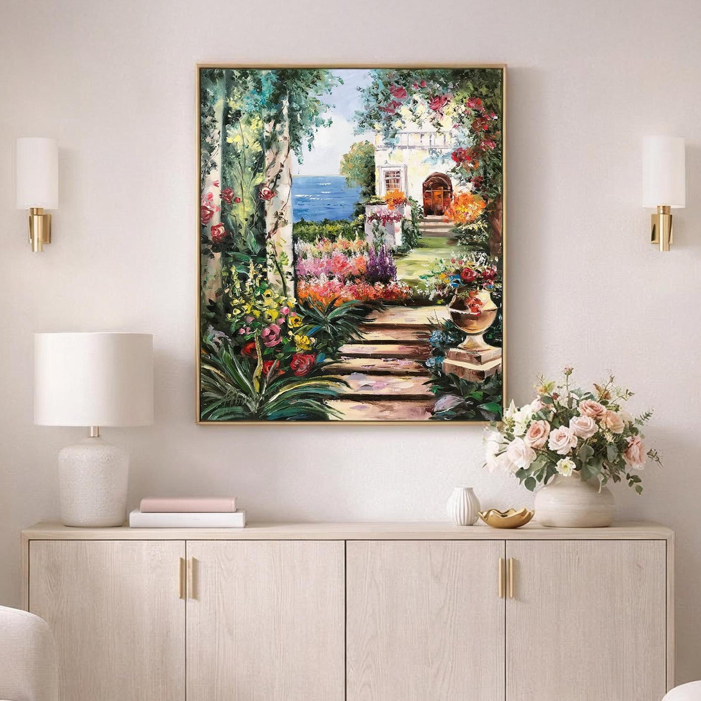 Romantic Garden Oil Painting Original Hand-Painted Artwork of Tuscany Mediterranean Garden Wall Art, Italian Villa Painting