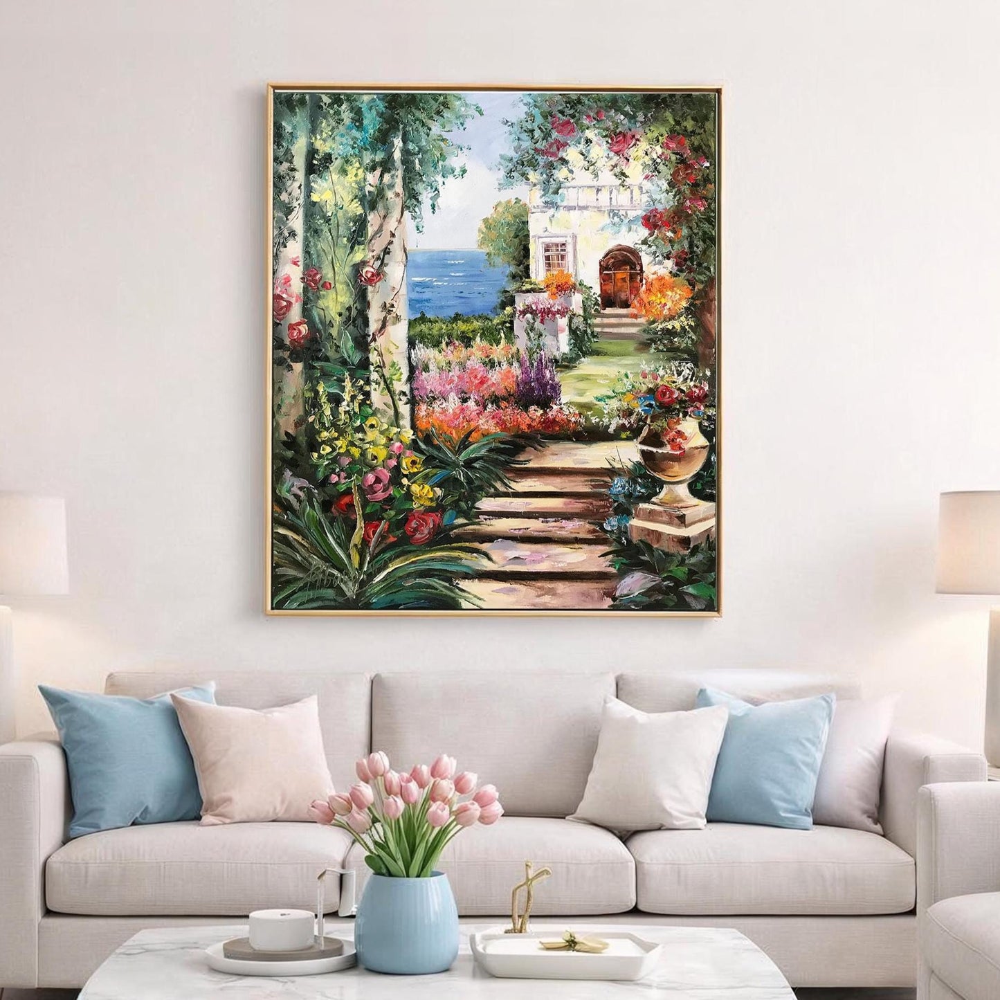 Romantic Garden Oil Painting Original Hand-Painted Artwork of Tuscany Mediterranean Garden Wall Art, Italian Villa Painting