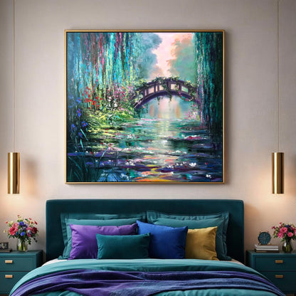Claude Monet Water Lilies Oil Painting Impressionist Artist Blue and Green Nature Painting, Japanese Bridge Art, Water Lily Pond Artwork
