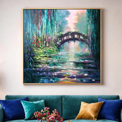 Claude Monet Water Lilies Oil Painting Impressionist Artist Blue and Green Nature Painting, Japanese Bridge Art, Water Lily Pond Artwork