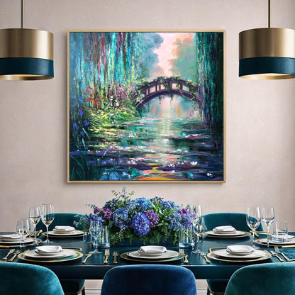 Claude Monet Water Lilies Oil Painting Impressionist Artist Blue and Green Nature Painting, Japanese Bridge Art, Water Lily Pond Artwork