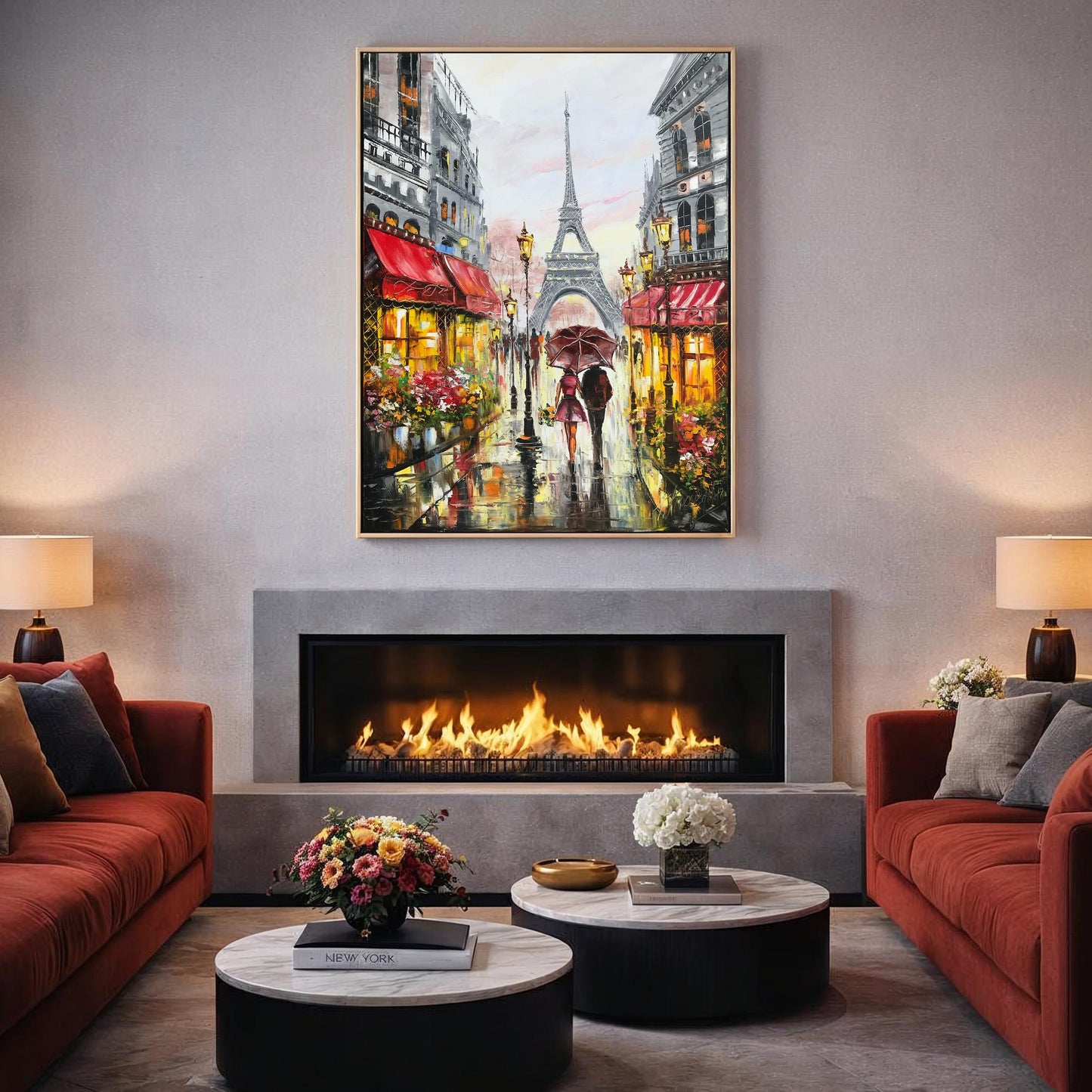 Couple Walking in Paris Oil Painting Original Rainy Day in Paris Street Scene Art Couple Under Red Umbrella Painting on Canvas