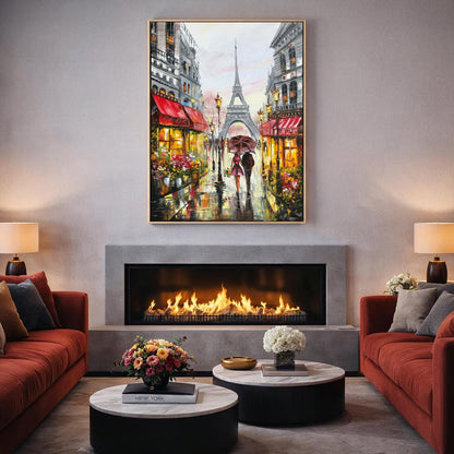 Couple Walking in Paris Oil Painting Original Rainy Day in Paris Street Scene Art Couple Under Red Umbrella Painting on Canvas