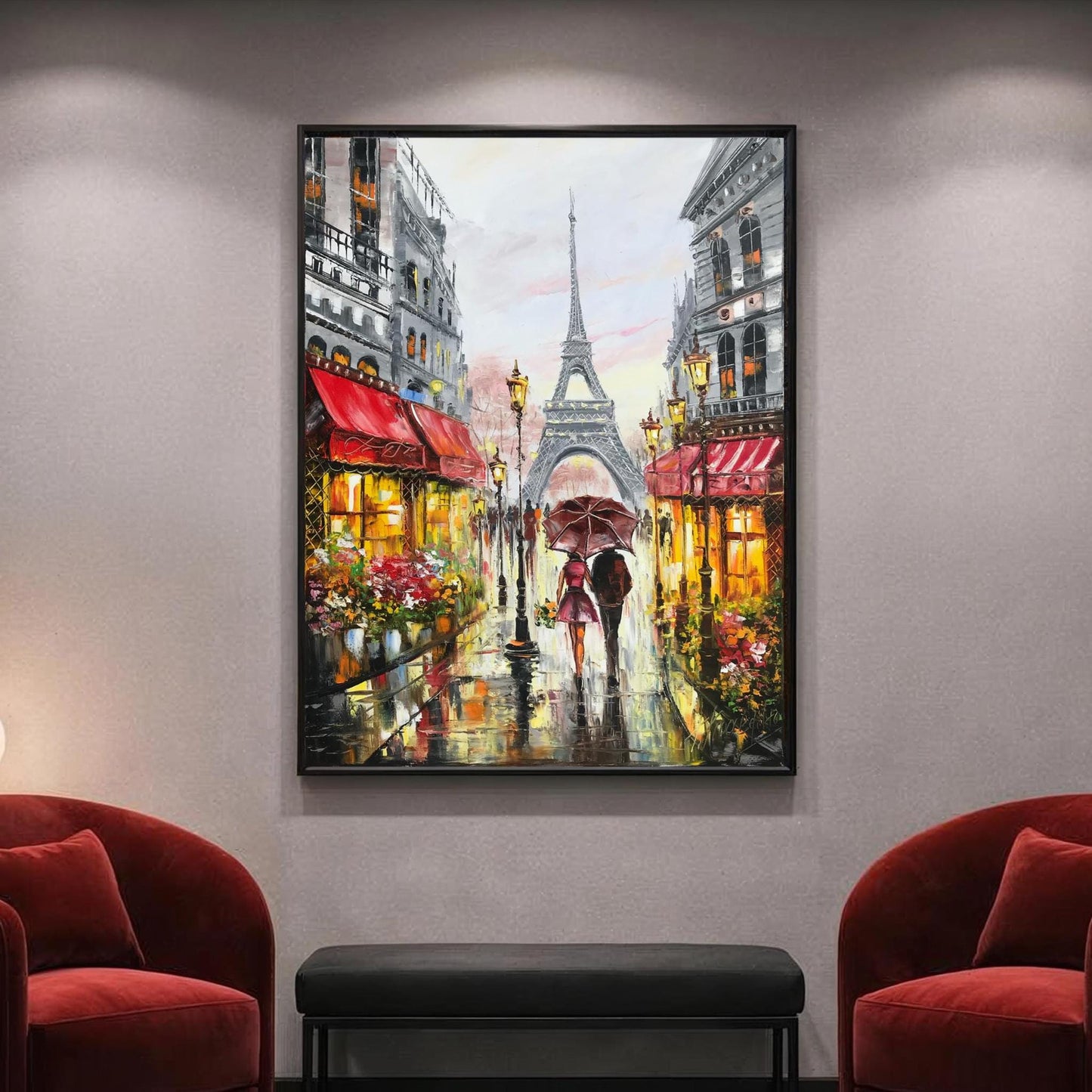 Couple Walking in Paris Oil Painting Original Rainy Day in Paris Street Scene Art Couple Under Red Umbrella Painting on Canvas