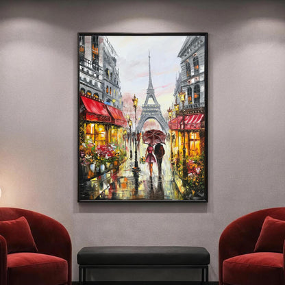 Couple Walking in Paris Oil Painting Original Rainy Day in Paris Street Scene Art Couple Under Red Umbrella Painting on Canvas