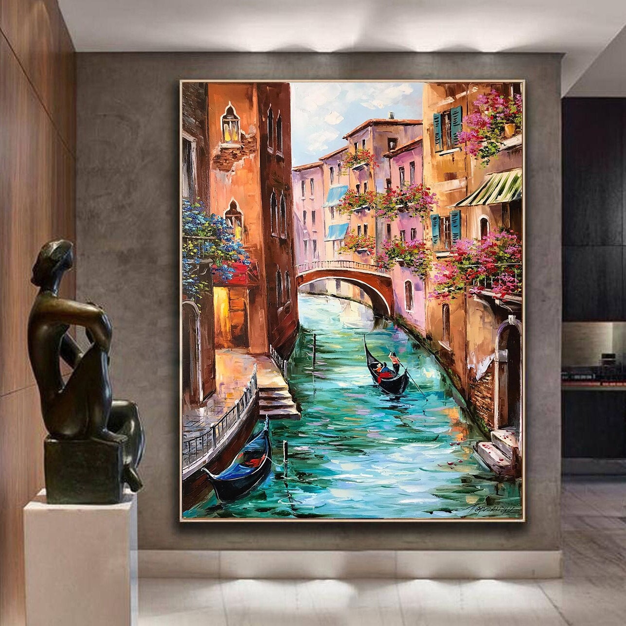May include: Oil painting of a Venetian canal scene. The artwork depicts colorful buildings, a bridge, and gondolas on the water. The buildings are painted in shades of orange, pink, and yellow, with flowers and blue shutters. The water is a vibrant turquoise.