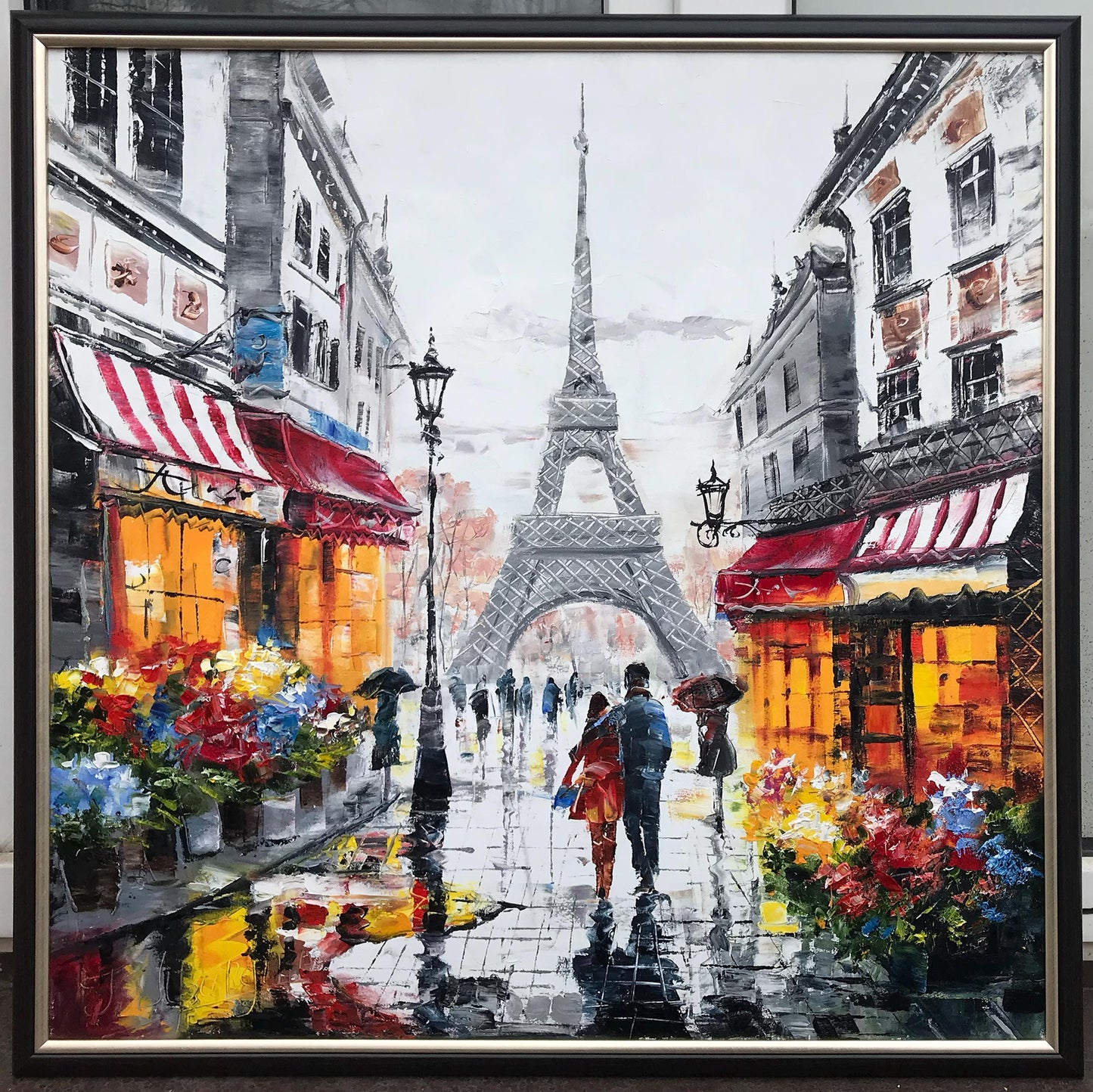 Couple Walking in Paris Oil Painting on Canvas | Large Romantic Wall Art for Bedroom | French Flower Market, Parisian Café Artwork