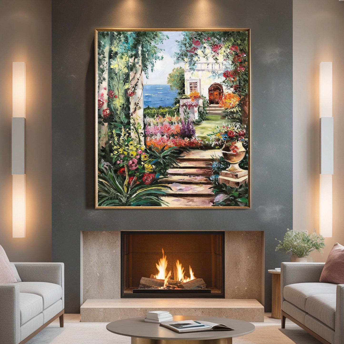 Romantic Garden Oil Painting Original Hand-Painted Artwork of Tuscany Mediterranean Garden Wall Art, Italian Villa Painting