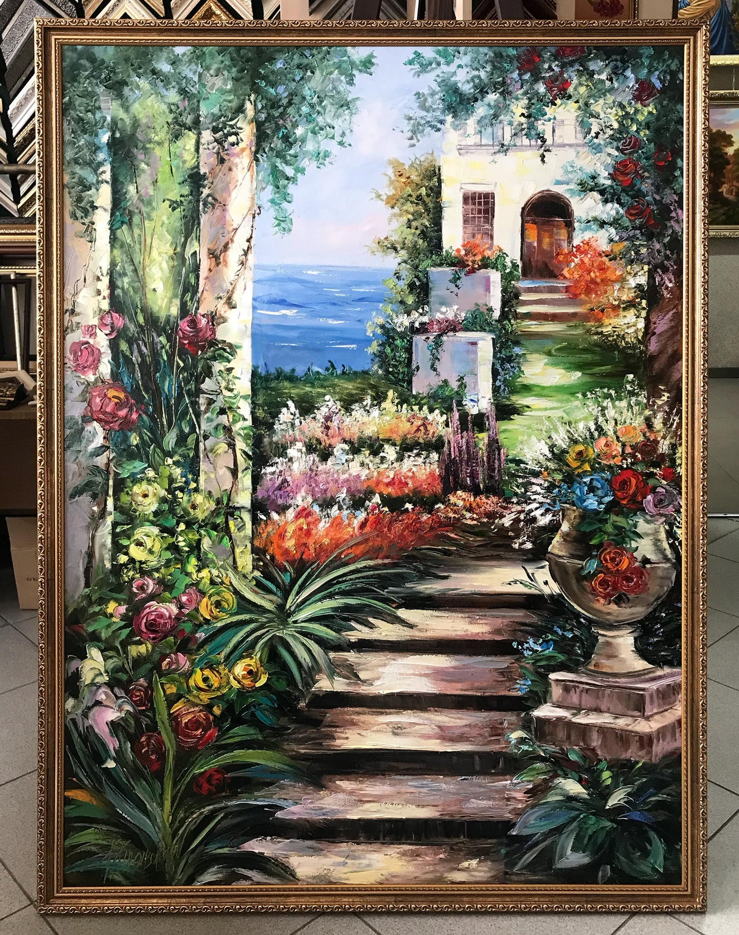 Romantic Garden Oil Painting Original Hand-Painted Artwork of Tuscany Mediterranean Garden Wall Art, Italian Villa Painting