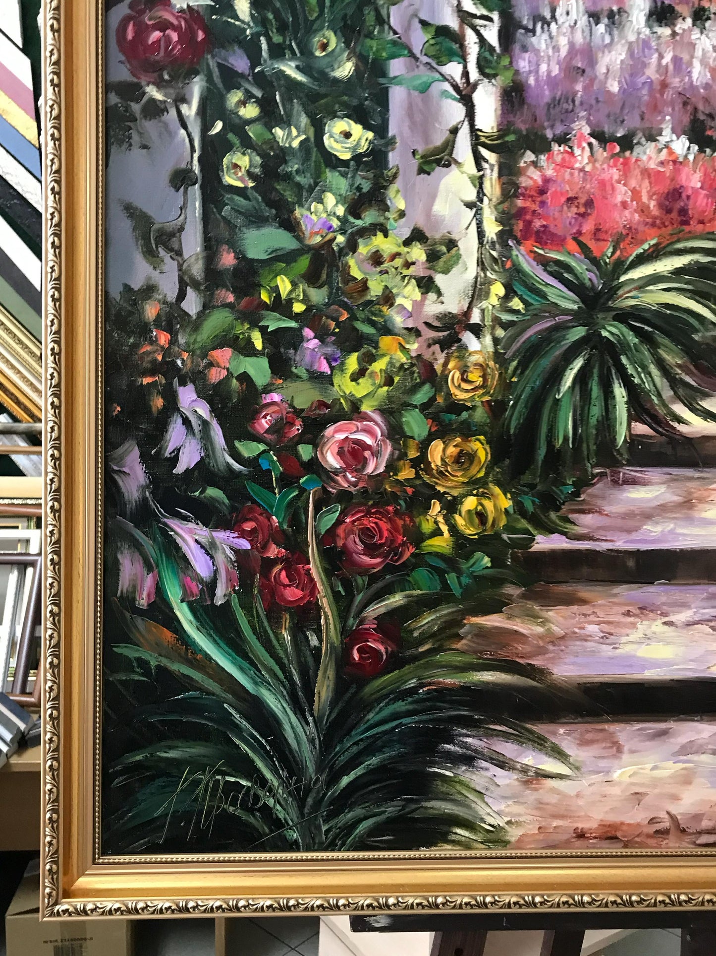 Romantic Garden Oil Painting Original Hand-Painted Artwork of Tuscany Mediterranean Garden Wall Art, Italian Villa Painting
