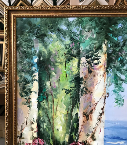 Romantic Garden Oil Painting Original Hand-Painted Artwork of Tuscany Mediterranean Garden Wall Art, Italian Villa Painting