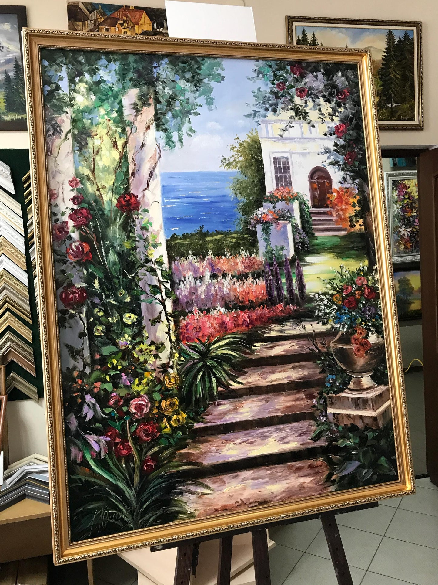 Romantic Garden Oil Painting Original Hand-Painted Artwork of Tuscany Mediterranean Garden Wall Art, Italian Villa Painting