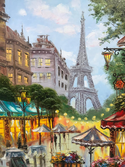 Romantic Paris Street Scene Oil Painting | Large Eiffel Tower Artwork, French Flower Market Painting on Canvas