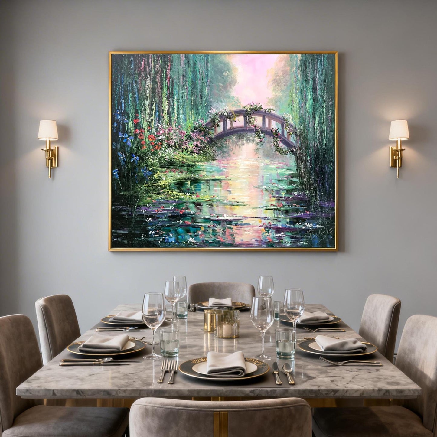 Claude Monet Painting Bridge Over a Pond of Water Lilies Artist Impressionism Art Green Water Lily Pond Oil Painting on Canvas
