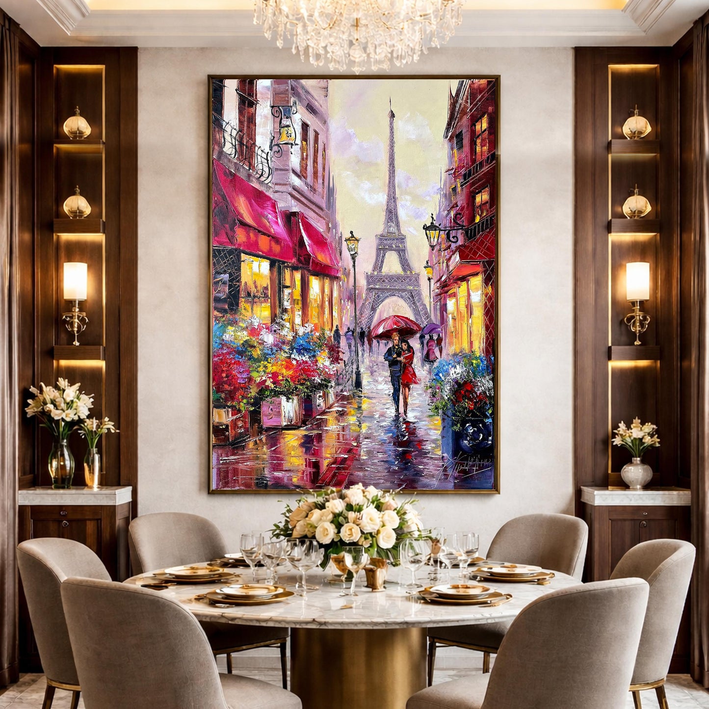 Couple Walking in Paris Oil Painting | Original Romantic Artwork | Rainy Parisian Street Scene Wall Art