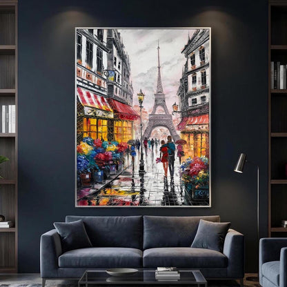 Rainy Paris Street Oil Painting Original | Large Parisian Artwork | Custom Romantic Couple Walking in the Rain Painting | Love City Art on Canvas