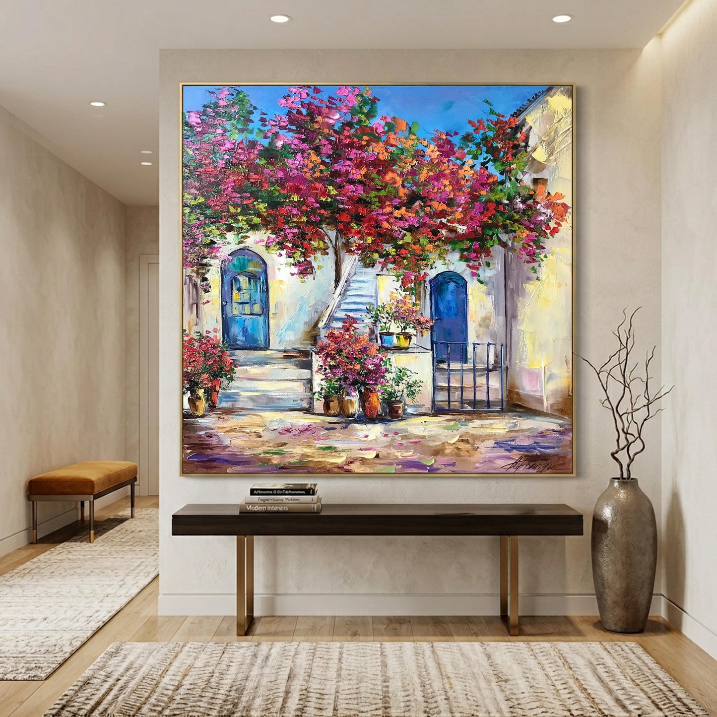 Santorini Blue Door Oil Painting | Famous Greek House Wall Art | Window with Bougainvillea Painting | Original Greece Artwork