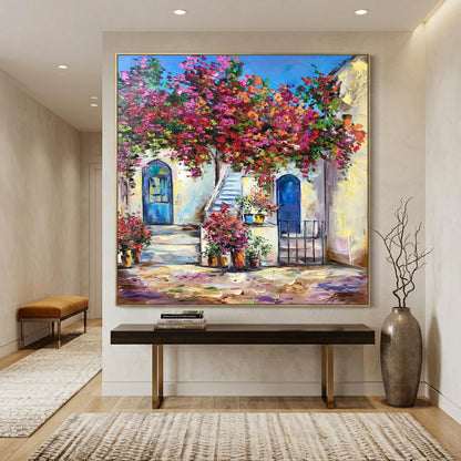 Santorini Blue Door Oil Painting | Famous Greek House Wall Art | Window with Bougainvillea Painting | Original Greece Artwork