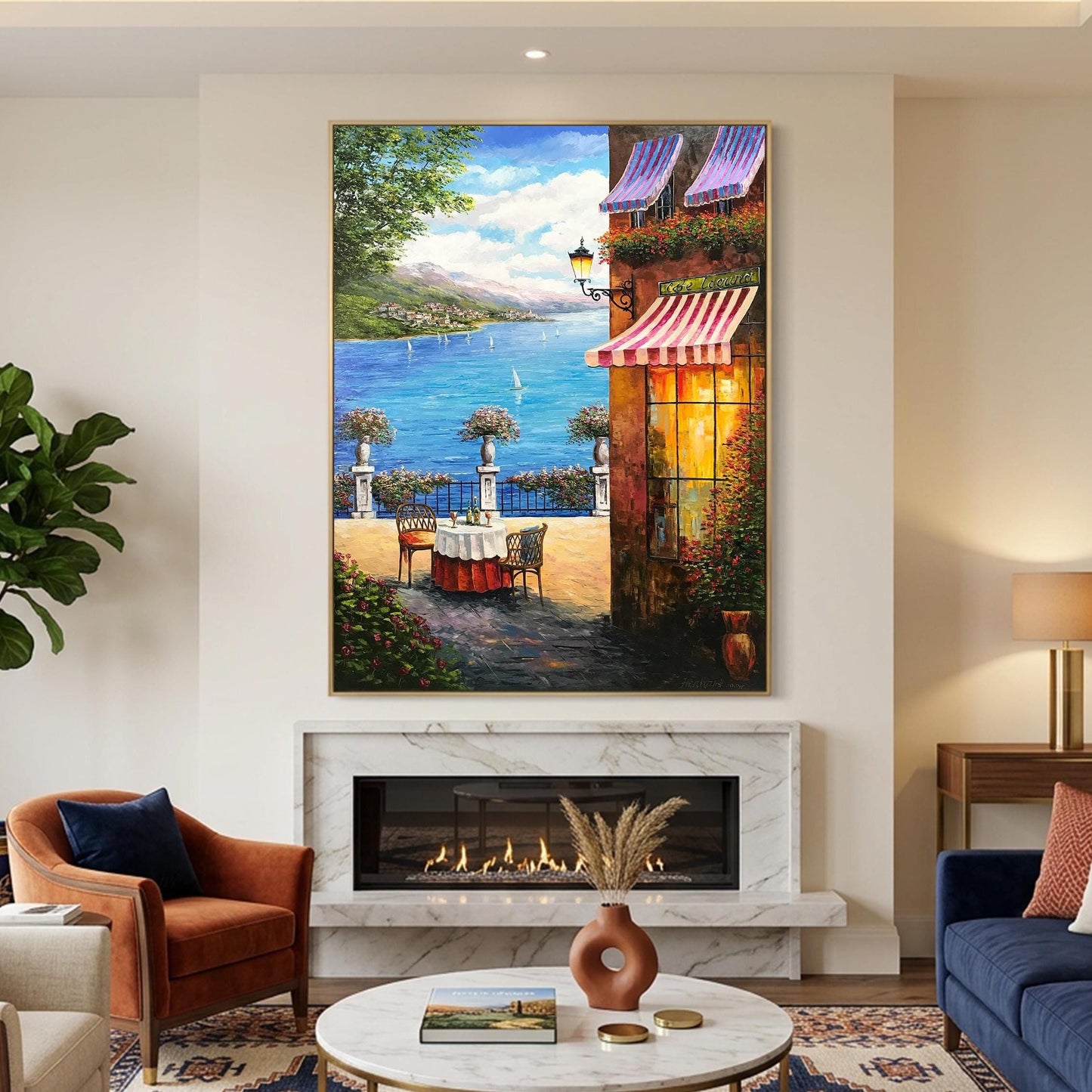 Italy Cafe Painting Original, Amalfi Coast Wall Art, Mediterranean Scenery Oil painting, Sorrento Italy Artwork