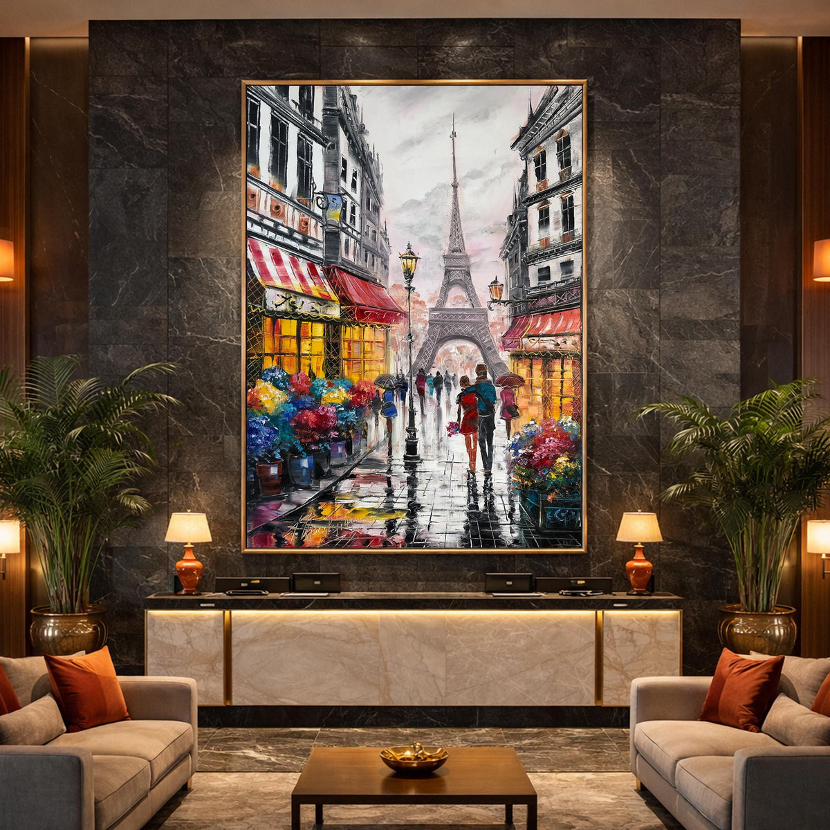 Rainy Paris Street Oil Painting Original | Large Parisian Artwork | Custom Romantic Couple Walking in the Rain Painting | Love City Art on Canvas