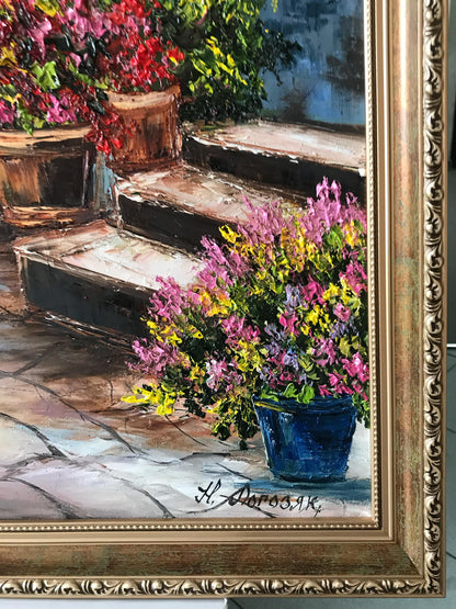 Italian Villa Oil Painting on Canvas, Large Mediterranean Garden Wall Art, Hand Painted Sorrento Artwork