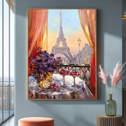 Paris Night Cafe Oil Painting Original Romantic Art Work, Diner Painting, Large Eiffel Tower Wall Art, Cafe Terrace