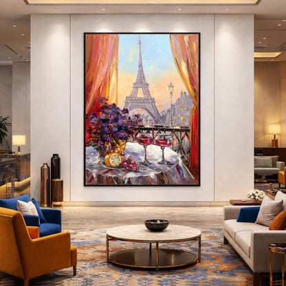 Paris Night Cafe Oil Painting Original Romantic Art Work, Diner Painting, Large Eiffel Tower Wall Art, Cafe Terrace